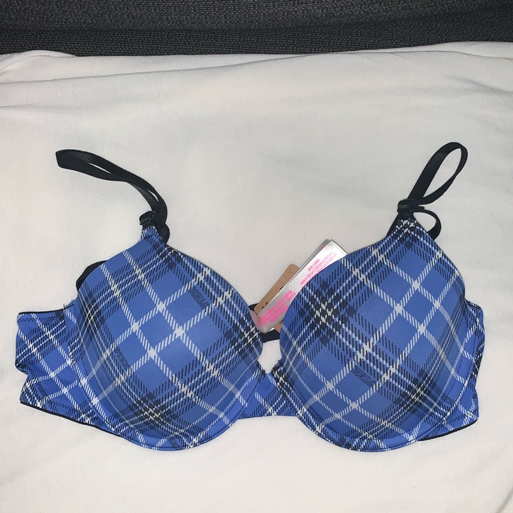 Pink VS Wear Everywhere T-Shirt lightly lined blue Plaid Bra 36B NWT